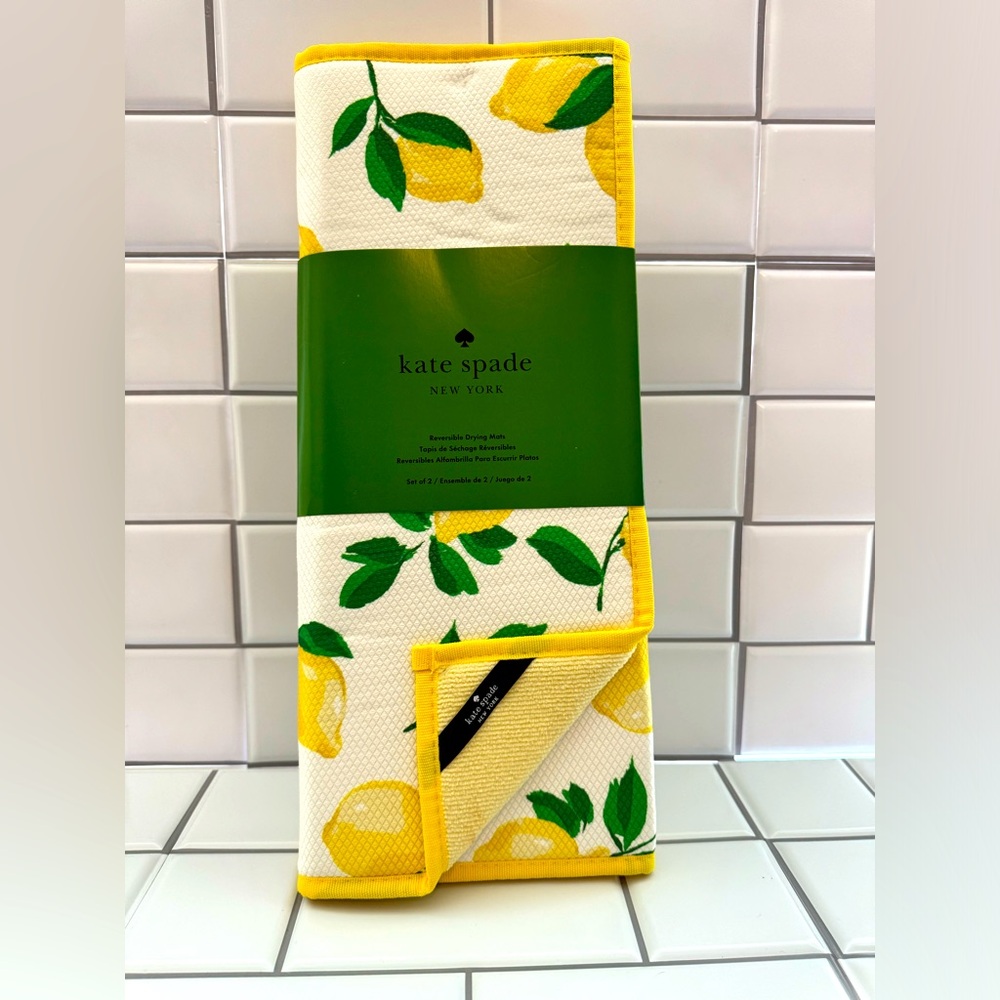 Kate Spade Reversible Dish Drying Mats Yellow White Lemon Pattern Set of 2 NWT